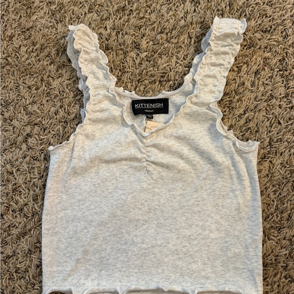 Kittenish Light Gray Ruffled Ribbed Tank Top